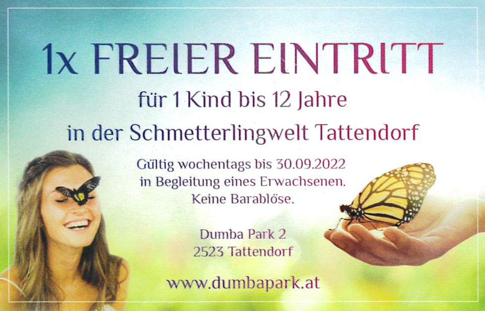 Schmetterlingwelt Gutschein Freier Eintritt für ein Kind